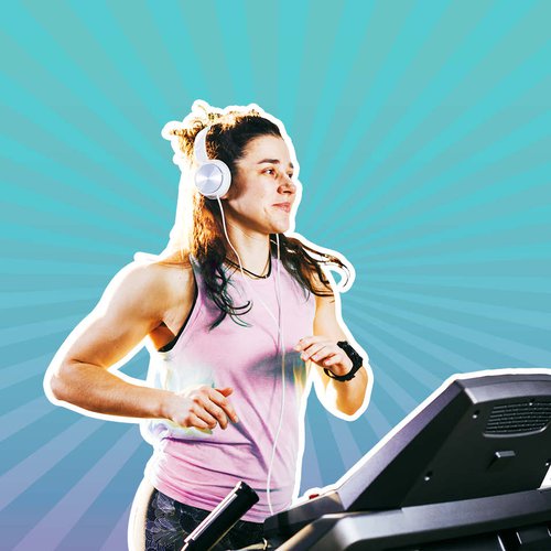 University Student offer advert showing girl running on treadmill